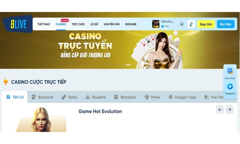 Giới thiệu sảnh cược casino 8live.