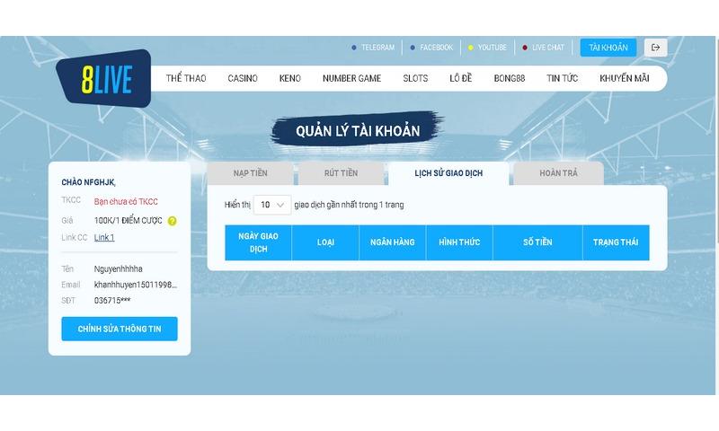 Thao tác rút tiền 8live ngắn gọn.